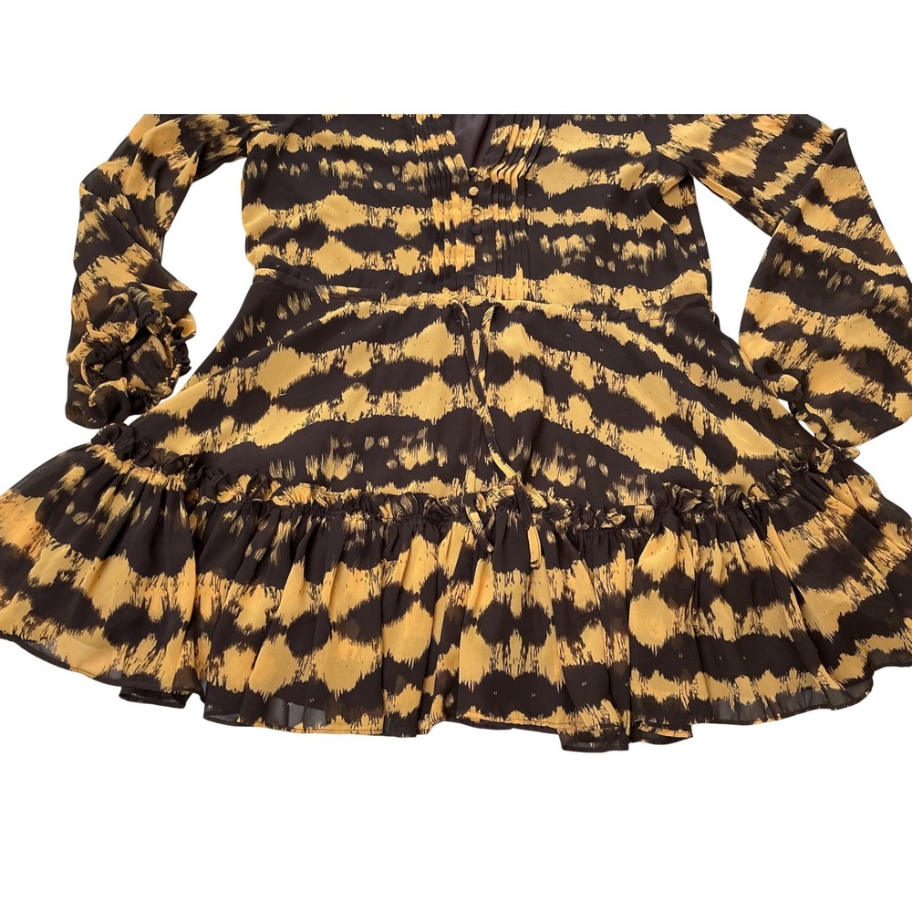 Buddy Love Grace Mini Dress Mustard Brown Tiger Print Ruffle Long Sleeve Medium - Picture 12 of 15